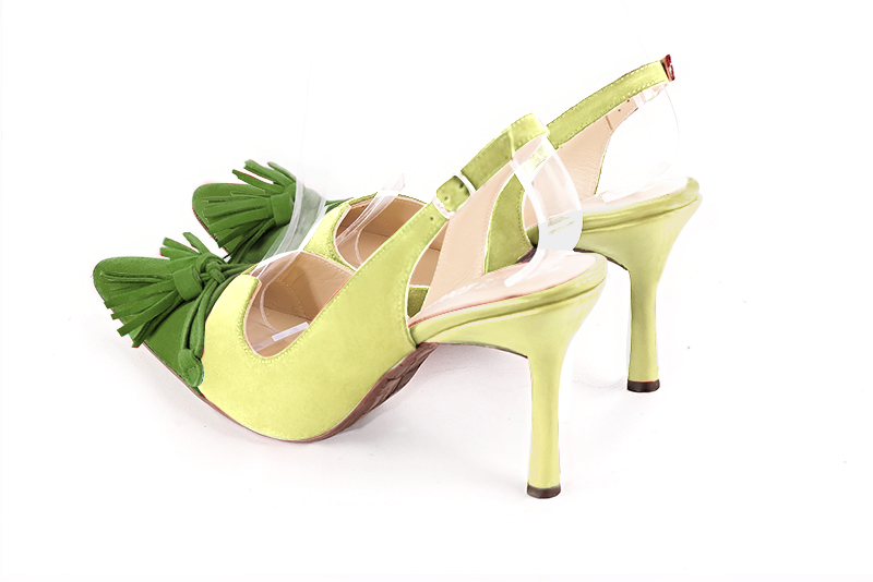 Grass green women's open back shoes, with a knot. Tapered toe. Very high slim heel. Rear view - Florence KOOIJMAN